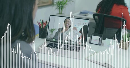 Joining striped-top office worker in conference at open-plan office with laptop call and charts