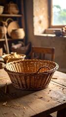 Woven Basket on Rustic Table in Workshop.