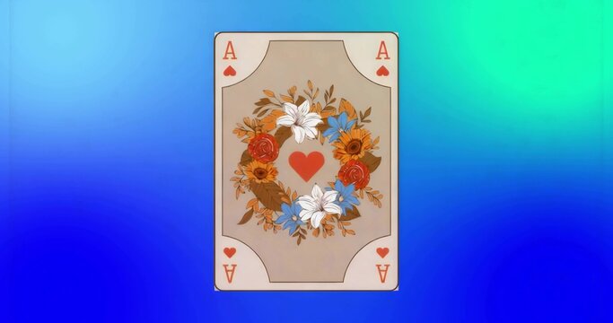 Fototapeta Floating Ace of Hearts card against gradient backdrop, with wreath of lilies, roses and sunflowers