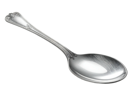 Silver spoon with ornate handle, angled against black background, reflecting light