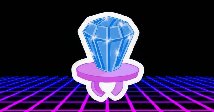 Floating purple ring platform carrying blue faceted gem above neon grid floor, retro-futuristic