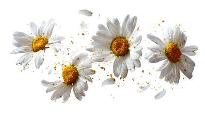 Four white daisies with yellow centers scattered petals