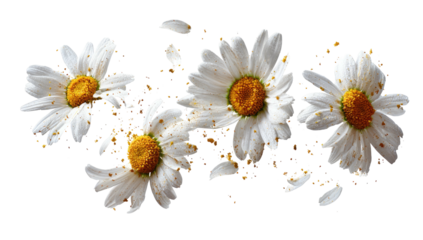 Four white daisies with yellow centers scattered petals