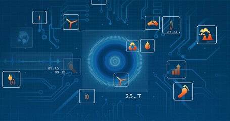 Displaying interface rotating on virtual control panel, with wind turbine and water droplet icons
