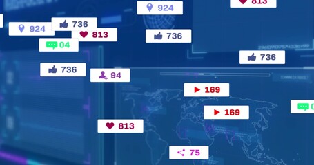 Social media engagement icons cluster floating on digital dashboard, with world map grid