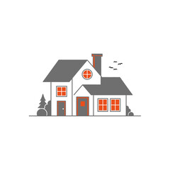 Cozy Suburban Home Illustration With Chimney, Orange Windows, And Cozy Trees