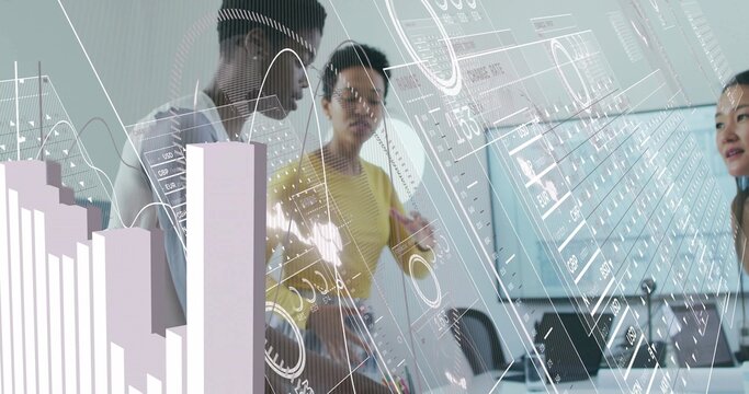 Analyzing bar charts, four women pointing at transparent interface in meeting room with laptops