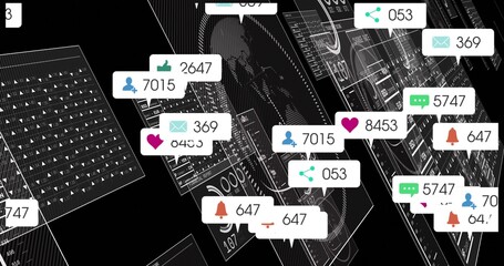 Cluster of floating notifications hovering in wireframe interface with avatar heart icons