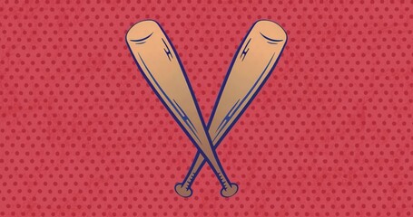 Featuring illustration of two wooden baseball bats crossing on red backdrop, with blue outlines