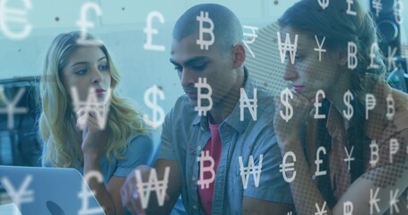 Collaborating three colleagues analyzing laptop data in office, with floating currency symbols