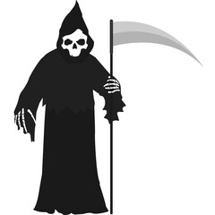 Grim Reaper Character With Scythe Halloween Holiday Emoji Cartoon Monster Face With Skull Head And Skeleton Hands In Black Robe With Hood On Transparent Background