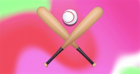 Crossing baseball bats with black tape grips in digital gradient, hovering red-stitched baseball