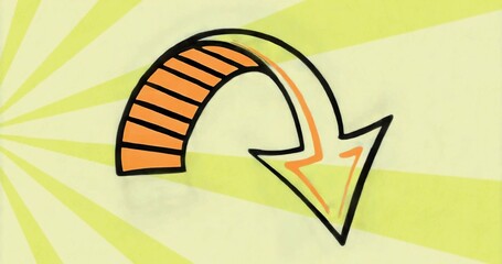 Featuring curved orange arrow on yellow green radial backdrop, with diagonal black outline stripes