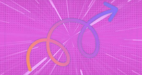 Displaying two intertwined gradient arrows on magenta halftone backdrop, with white radial streaks