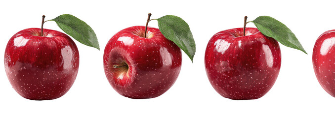 Row of red apples with green leaves