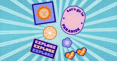 Fototapeta premium Displaying stickers on turquoise burst with sun sticker, PARADISE badge, orange slice and hearts