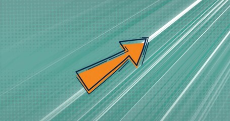 Floating orange arrow with blue outline pointing upward right on teal halftone grid, white streaks