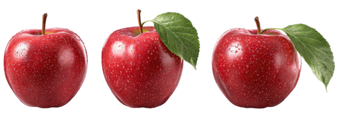 Three ripe red apples, two with green leaves, on black