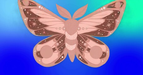 Displaying stylized moth featuring wing patterns, banded body, leaf antennae on gradient backdrop