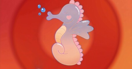 Floating pastel seahorse exhaling small blue bubbles against circular gradient backdrop, underwater