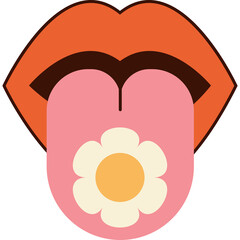Groovy 60s 70s Style Open Mouth Showing Pink Tongue With Flower Graphic Against Transparent Background