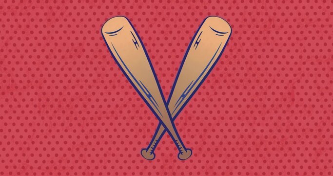Fototapeta Featuring illustration of two wooden baseball bats crossing on red backdrop, with blue outlines