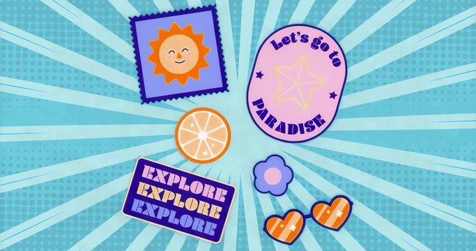 Naklejki Displaying stickers on turquoise burst with sun sticker, PARADISE badge, orange slice and hearts