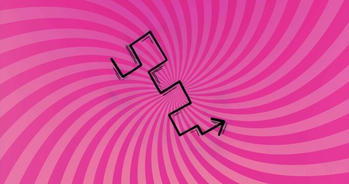 Displaying bold black zigzag arrow descending diagonally across hypnotic pink spiral background