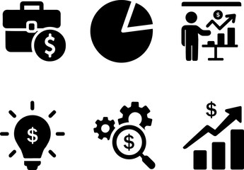 Professional Business and Analytics Glyph Icons Set – Finance, Graphs, Research, Idea, Presentation, and Optimization Symbols in Dark Grey Silhouette