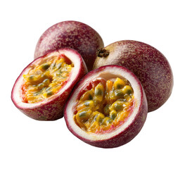 Fresh passion fruit halves and whole fruits with speckled purple skin
