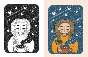 A little girl in a line sketch style, holding a mug from which hearts are flying out, creating an atmosphere of coziness and love. A simple, elegant illustration for warm and romantic projects.