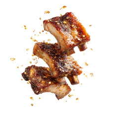 Savory, glistening ribs with scattered spices against a dark background