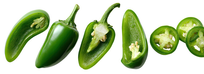 Several green jalapenos, whole and sliced, on black