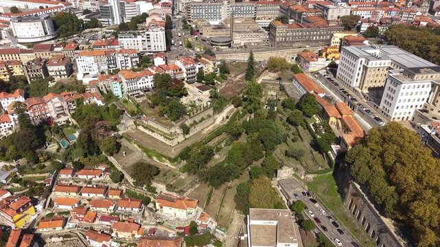 Porto, Portugal. Drone Shot of Virtudes Park, St. Antonio Hospital and Old Town Buildings