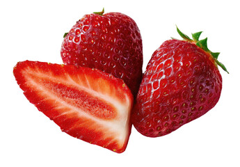 Juicy red strawberries, one halved to reveal bright flesh and seeds