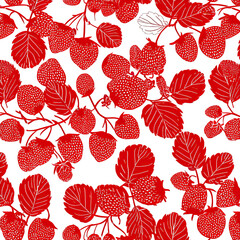 Red strawberries and leaves pattern on black background