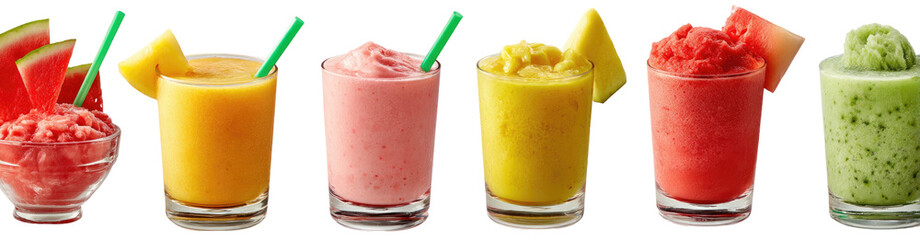 Assorted colorful fruit smoothies and slushies arranged in a row