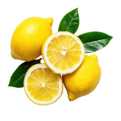 Fresh lemons and slices with green leaves on black
