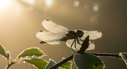 Dewy Dragonfly Perched on a Leaf in Golden Light