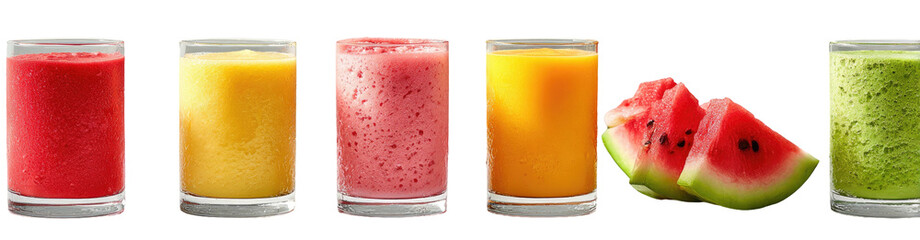 Assortment of colorful fruit smoothies with watermelon slices