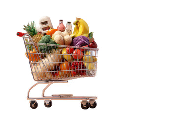 Full shopping cart overflowing with fresh fruits and vegetables