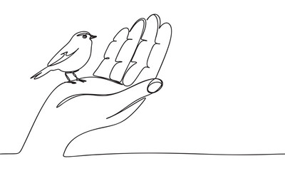 Continuous Line Drawing Bird Perched on a Hand