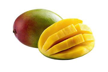 Ripe mango, half sliced revealing vibrant yellow flesh