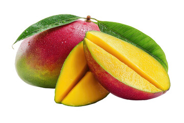 Vibrant mango with two juicy slices, vibrant green leaves