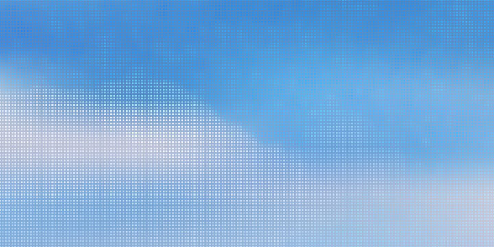 Color halftone texture of blue sky with clouds. Abstract cloud pattern vector dotted pixel texture background with copy space.