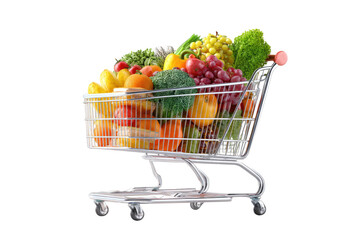 Overflowing shopping cart filled with colorful fresh fruits and vegetables