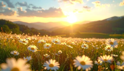 A sunlit field of daisies with distant mountains and a golden sunset © meja