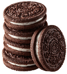 Stack of chocolate sandwich cookies with creamy white filling