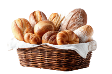A basket overflowing with various freshly baked breads and pastries