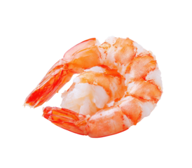 Cooked shrimp curled into a crescent shape on black background
